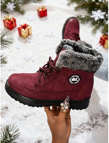  レディース バーガンディ フェイクファー ライニング スノーブーツ - 屋外でのクリスマス活動や寒い季節の着用に最適な暖かい冬用ブーツ