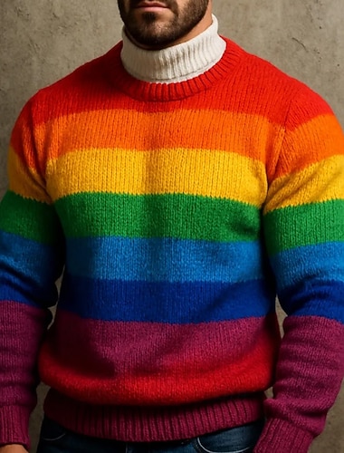  בגדי ריקוד גברים קולור בלוק פסים סוודר סוודר סריגים צווארון צווארון יום יומי חופשה יומי הדפסת תלת מימד Keep Warm שרוול ארוך אביב סתיו חורף ססגוניות א ססגוניות B Multi Color