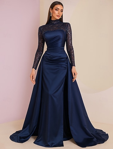 Linha A Vestido Para Mãe dos Noivos Elegante Vintage Brilho & Glitter Gola Alta Longo Elastano Cetim italia Poliéster Manga Longa com Lantejoulas   Linha A Vestido Para Mãe dos Noivos Elegante Vintage Brilho & Glitter Gola Alta Longo Elastano Cetim italia Poliéster Manga Longa com Lantejoulas