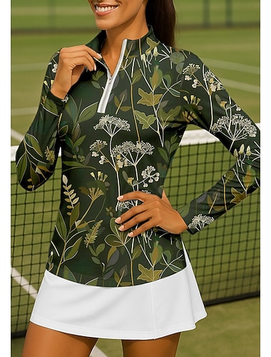  Dame Blomster قميص Sportsskjorte POLO T-skjorte Tennisskjorte Langermet Glidelås Blomster UPF50+ UV-bestandig Høy Elastisitet Fukttransport Pustende Tennis Golf Pickleball Høy krage Glidelåskrage