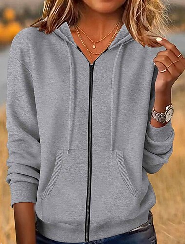  Női Cipzáras kapucnis pulóver Sima Aktív Sportok Alkalmi Hosszú ujj Kapucni Normál felsők Utca Hétköznapi Cipzár Zseb Fekete Sárga Arcpír rózsaszín Bor Sötétszürke Ősz Tél