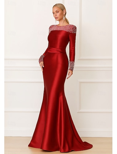  Sirène / Trompette Longueur au sol Robes de Bal Robe de Soirée Tenue de soirée Élégant Éclat manche longue Col ras du cou Formel Mariage Satin Extensible avec Perles
