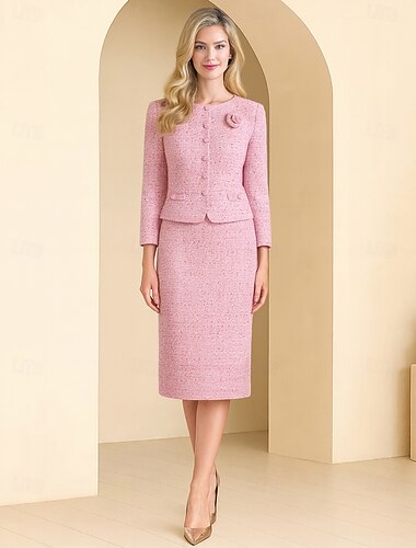  Linjeform Ankellengde Festkjole Cocktail Kjole Langermet Crew-hals Elegant Årgang Fest Polyester Kjole til brudens mor med Knapper