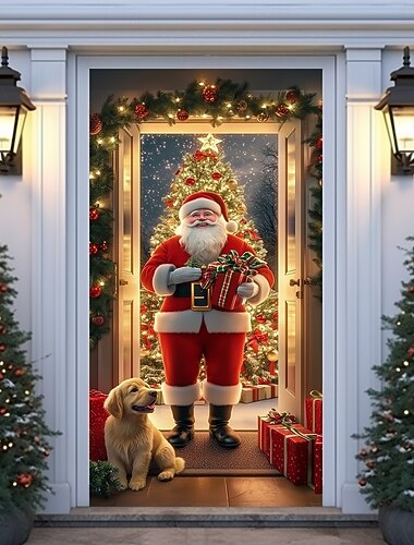 Housse de porte de Noël, rideaux de vacances avec le Père Noël tenant des cadeaux de Noël avec un arbre de Noël lumineux et un chiot mignon pour la maison, l'entrée, le salon, la chambre à coucher,   Housse de porte de Noël, rideaux de vacances avec le Père Noël tenant des cadeaux de Noël avec un arbre de Noël lumineux et un chiot mignon pour la maison, l'entrée, le salon, la chambre à coucher,