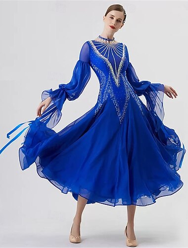  abito da ballo da sala da donna, in chiffon con maniche lunghe e strass, per gare di tango e valzer, con maniche a lanterna fluenti – blu reale