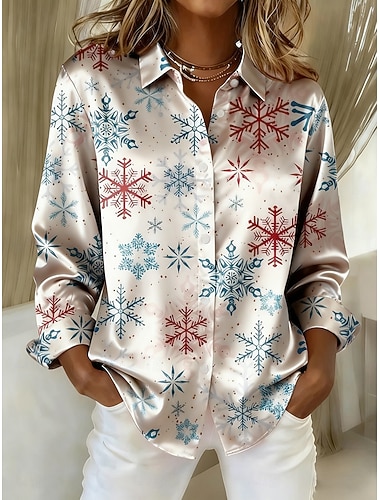  Vánoce Dámské Košile Grafika Sněhová vločka Vinobraní stylové Moderní Dlouhý rukáv Košilový límec Běžné topy Denní Dovolená Bílá Rubínově červená Vodní modrá Podzim Zima