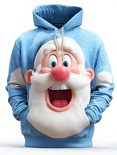  Новогодняя тематика Муж. Дед Мороз 3D в мультяшном стиле Толстовка Мода Повседневные На каждый день Длинный рукав Вырез под горло Капюшон Дом Для вечеринок Подарок Синий Белый Красный Кулиска