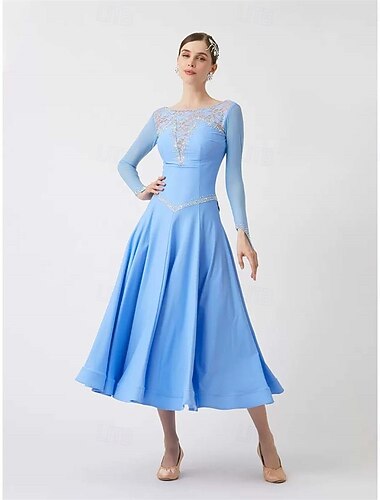  abito da ballo da sala da donna, manica lunga, in rete e pizzo, per valzer, tango, competizione, esibizione, elegante, gonna fluida – azzurro