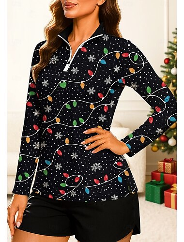  חג המולד בגדי ריקוד נשים תאורת חג מולד פתית שלג טרנינג סווטשירט פולו חולצות חולצה שרוול ארוך דפוס רבע מיקוד Pullover UPF50+ עמידות UV הגנת UV אלסטי נושם כדור עף טניס גולף עומד צווארון רוכסן