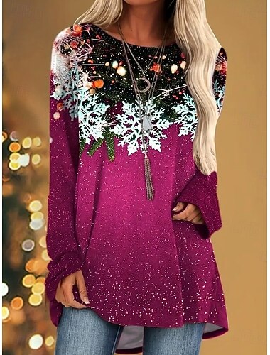  Jule Kvinne Snøfnugg T-skjorte Grafisk Vintage Stilig Klassisk Langermet Crew Neck Vanlige Topper Daglig Utgående Helg Trykk Vin Blå Fuchsia Grønn Vår Høst Vinter