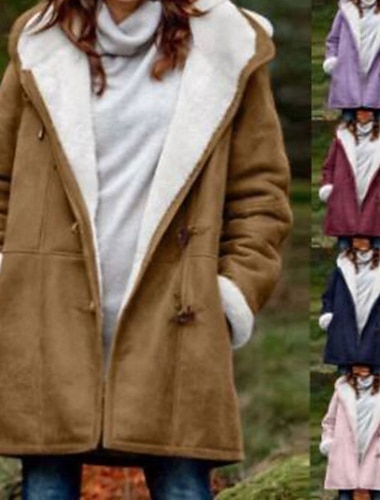  女性用 冬物コート パーカー 保温 快適 ポケット ボタン カジュアル 平織り バケーション ストリート カジュアル デイリーウェア ロング フード付き レギュラー 長袖 アウターウェア ピンク ワイン パープル 秋 冬