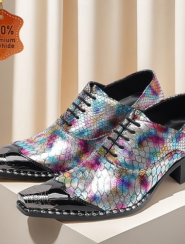  Herresko i iriserende ekte skinn med krokodillemønster og spiss tå, pensko i kuskinn til scene, fester og motearrangementer