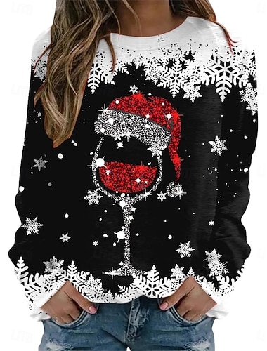  Kerst vrouwen sneeuwvlok pullover sweaters wijn glas streetwear modern casual lange mouwen ronde hals reguliere tops straat dagelijks dragen casual print zwart wijn groen grijs herfst winter