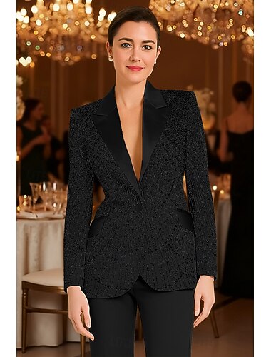  Mulheres Blazer Casaco esportivo Justo & Evasê Formal Convidado do casamento Vintage Cetim Paetês Elegante Manga Longa Lapela Chanfrada Lapela de pico Não Trespassado