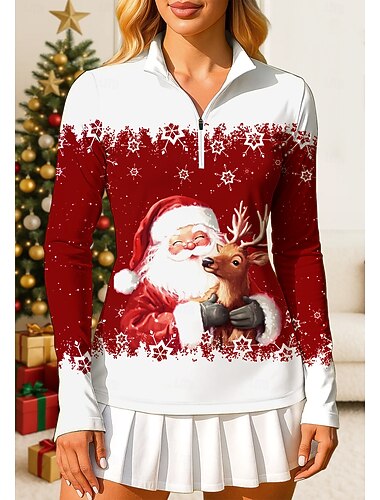  Noël Femmes Père Noël Impression 3D Sweat-shirt polo Hauts Chemise T-shirt de sport manche longue Fermeture éclair Imprimé Quart de zip UPF50+ Résistant aux UV Protection UV Élastique Respirant
