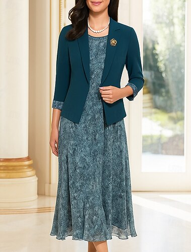  ツーピース Ａライン ドレススーツ アンクル丈 七分袖 クルーネック エレガント フォーマル シフォン ポリエステル マダムドS 〜と アップリケ