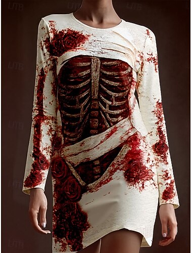 Damen Mini-Kleid T-Shirt Kleid Tee Kleid Bodycon Kleid Urlaub Freizeit Party Schlanke Passform Grafik Schädel Langarm Rundhalsausschnitt Weiß Frühling Herbst Winter   Damen Mini-Kleid T-Shirt Kleid Tee Kleid Bodycon Kleid Urlaub Freizeit Party Schlanke Passform Grafik Schädel Langarm Rundhalsausschnitt Weiß Frühling Herbst Winter