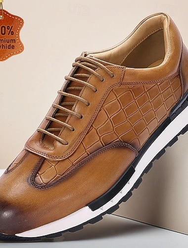 Pánské hnědé tenisky na šněrování z pravé kůže s měkkou polstrovanou stélkou a gumovou podrážkou, pohodlné retro boty pro každodenní nošení   Pánské hnědé tenisky na šněrování z pravé kůže s měkkou polstrovanou stélkou a gumovou podrážkou, pohodlné retro boty pro každodenní nošení