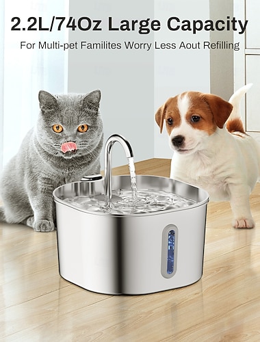  2,2 l/74 oz automatisk vannfontene for katter, rustfritt stål, USB-drevet, ultrastille drift, med vindu, ideell for katter, små hunder, moderne metallisk design for innredning av hjem/kontor
