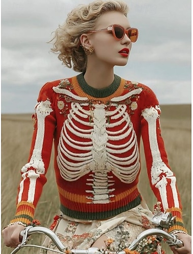 Damegenser Skeletthode Motemessig Uformell Grafikk Skeletthode Rund Hals Strikket Lang Erme Regular Topper Strikket Rød Blå Høst Vinter   Damegenser Skeletthode Motemessig Uformell Grafikk Skeletthode Rund Hals Strikket Lang Erme Regular Topper Strikket Rød Blå Høst Vinter