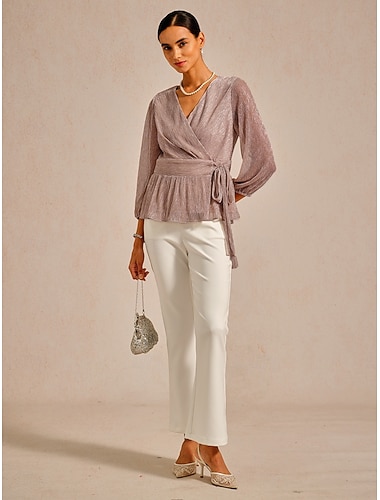  Dame Bluse knyte foran Metallisk Elegant Langermet V-hals Vanlige topper Bryllupsgjest Date Night antrekk Cocktail antrekk Rosa Sommer Vår Høst Vinter