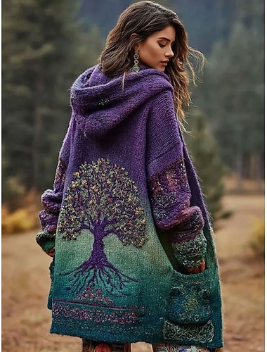  Per donna Cardigan Quotidiano Casual Floreale Grafico A Coste Con Cappuccio Patchwork Tasca Bottoni Manica Lunga Top Regolari Top lunghi Maglia All'aperto Weekend Viola Autunno Inverno