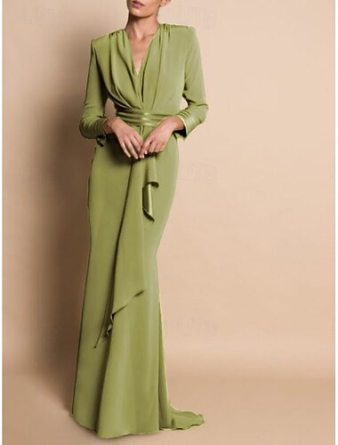  Abito a tubino Madre della Sposa Ospite di matrimonio Festa formale Elegante Collo a V Strascico  Spazzola Tessuto elasticizzato Chiffon Manica lunga con drappeggi arricciati taglia personalizzata