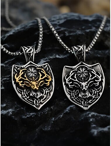  Herrekjede med vikinghjortehode i rustfritt stål og skjolddesign, norrøn keltisk amulettsmykke til julegaver, fester og hverdagsbruk