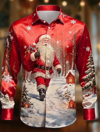  عيد الميلاد المجيد رجالي بابا نويل شجرة الكريسماس ندفة ثلجية قميص قميص الساتان قميص رسمي كم طويل عارضة الازياء الأماكن المفتوحة مناسب للحفلات مناسب للعطلات الربيع الخريف طوي