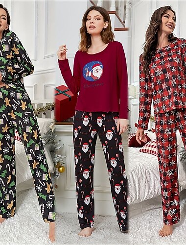  Weihnachten Frauen Weihnachtsmann Weihnachtsbaum Schlafanzug Set Lässig Komfort Grafik Claus Elastischer Bund T-Shirt Hose Urlaub Zuhause Langarm Rundhals Rosa Weinrot Grün Frühling Herbst Winter