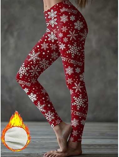  Vánoční ženské legíny se sněhovými vločkami pohodlné legíny dovolená vintage módní celodélkové vysoký pas kalhoty ošklivá grafika Claus tisk fleece tepelně izolační teplé pohodlné elastické venkovní