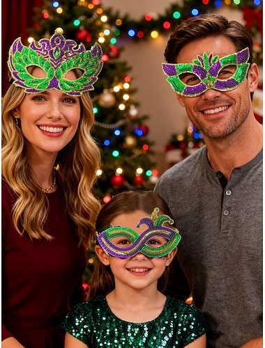  3-teiliges Glitzer-Maskenset in Grün und Lila für Damen für Weihnachtsfeiern, Bälle &Familienfeier