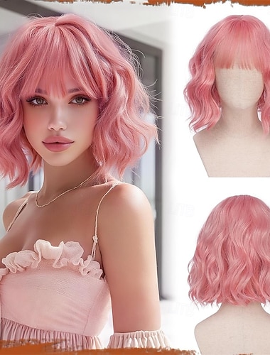  Peruca curta ondulada rosa - peruca bob de 12 polegadas com franja para mulheres, peruca bob encaracolada na altura dos ombros com franja, perucas de cabelo sintético macio para meninas, uso diário em