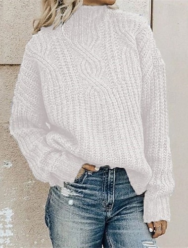  Жен. Вязаная ткань Пуловер Элегантный стиль Мода Уличный стиль Сплошной цвет Хомут Пэчворк Трикотаж С принтом Длинный рукав Обычные топы Вязать на открытом воздухе Повседневные Праздники Черный Белый