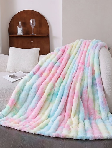  Couverture épaisse et chaude en fausse fourrure de lapin tie-dye, jeté moelleux et long en peluche pour canapé, lit, bureau, sieste, couverture polaire douillette pour la décoration d'automne et