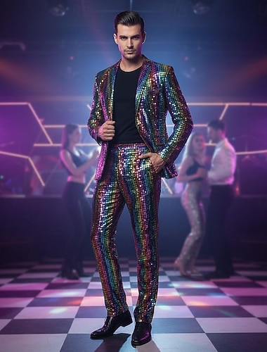  مجموعة ديسكو الثمانينات ملابس يتوهم زي بذلات وسترات معدني لامع ملابس تنكرية رجالي كريسماس عيد الميلاد السنة الجديدة أداء نادي حفلة ذات طابع ريترو للبالغين معطف بنطلونات