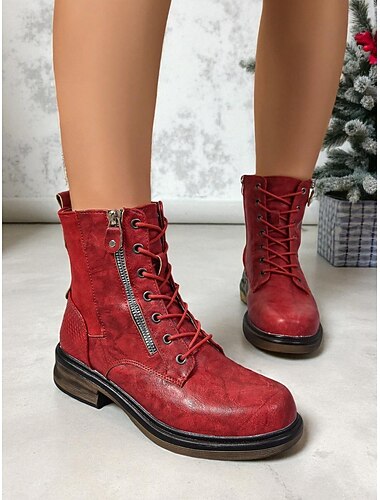  حذاء نسائي أحمر قتالي لعيد الميلاد - حذاء عصري برباط للعطلات للنساء - مثالي لعشية عيد الميلاد وأزياء الشتاء والأناقة غير الرسمية