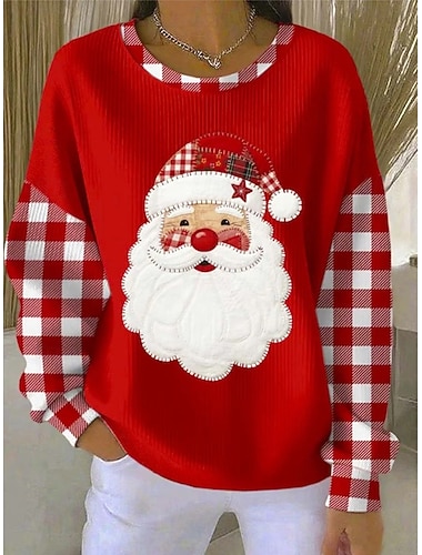  Juletrefest Damens Julenisse Pullover Sweatshirt Grafisk Claus Casual Langermet Crew Neck Vanlige Topper Gate Hverdagsbruk Casual Hvit Vinrød Høst Vinter