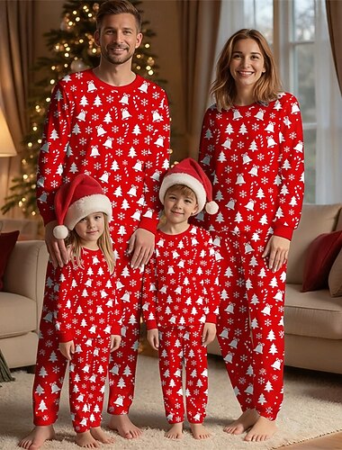  Perheen ilme joulu Joulun perheen pyjamat Yöpuvut Perhejoukot Kuvitettu Joulukello Lumihiutale Koti Painettu Rubiini Pitkähihainen Päivittäin Vastaavat asut