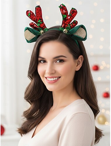  Weihnachts-Stirnband aus Rentiergeweih für Damen, rotes Paillettengeweih mit Glöckchen &grüne Samtschleifenohren, süßes Urlaubsparty-Haaraccessoire für Frauen &Mädchen