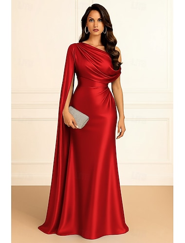  Strak kolom Tot de grond Galajurken Avondjurken Baljurk  Formele kleding Elegant Zijdeachtig Mouwloos Eén-schouder Bruiloft Formeel Capes Stretchsatijn met Shawl