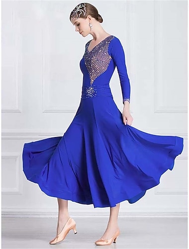  Damen-Ballsaal-Tanzkleid mit Strasssteinen, V-Ausschnitt, langen Ärmeln, Walzer, Tango, Wettkampf-Performance-Kleid, eleganter, fließender Rock – Königsblau