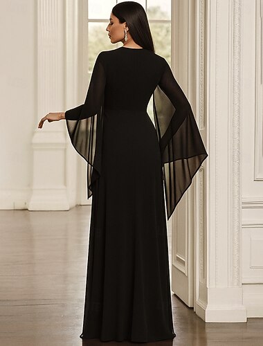  A-lijn Tot de grond Formele jurk Avondjurk Lange mouw Strakke ronde hals Elegant Vintage Luxueus Polyester Moeder van de bruid jurk met Kristaldetails Pailletten