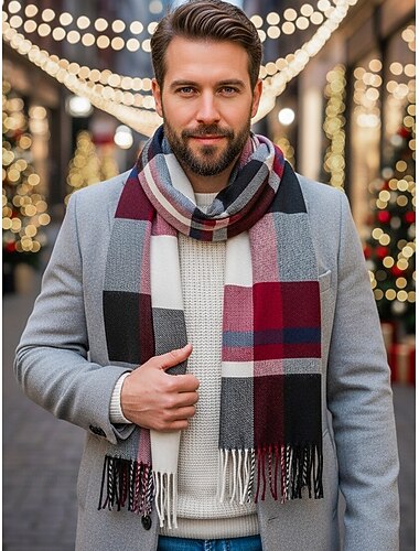  Juleruteskjerf for menn – stilig polyesterskjerf med frynsede kanter – tilgjengelig i flere farger – varmt juletilbehør for menn