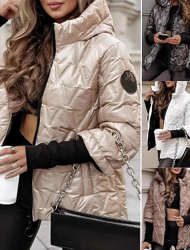  Mujer Abajo Chaqueta acolchada Chaqueta casual Mantiene abrigado Cómodo Cremallera Bolsillo Moda Casual Plano Calle Ropa Cotidiana Noche Cremallera Regular Con Capucha Ajuste regular Manga Larga Ropa