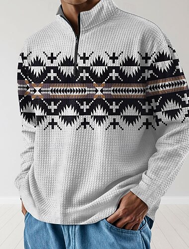  Per uomo Geometrico Felpa con cappuccio Waffle Felpa Moda Quotidiano Etnico Manica Lunga Collo alla coreana Zip a un quarto All'aperto Casa Ufficio Lavoro Bianco Rosso Blu Marrone Con zip Autunno