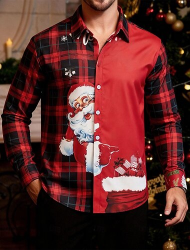  Święta Długie rękawy Koszula zapinana na guziki Święty Mikołaj Graficzny Zabawne Zabawny na Męskie Dla dorosłych Druk 3D  Do Święta Karnawał Nowy Rok Impreza