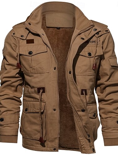  Herren Fleecejacke Cargo-Jacke Windbreaker Thermowarm Lässig Militär Outdoor Campen und Wandern Bestickt Abnehmbare Kapuze Baumwolljacken Winter Stehkragen Langarm Schwarz Kaki Armeegrün