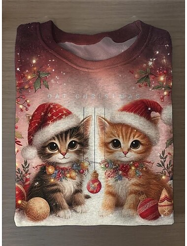  Julekvinnens T-skjorte grafisk dyr vintage mote stilfull langermet crew neck vanlige topper daglig helg trykk grå  rød rød marineblå blå mørkegrønn høst vinter