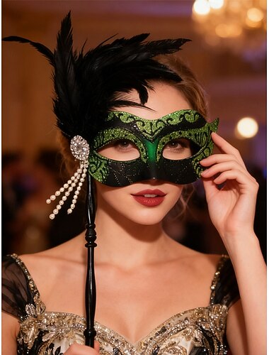  Grüne Handmaske aus Federn für Damen mit Strass- und Perlendetails für Weihnachtsfeiern und den Great Gatsby Ball &Karneval